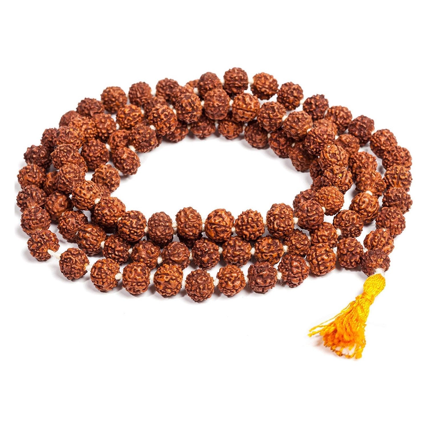 Shiva Rudraksha Mala (Orange) - Top grade lab certified Japa Mala from Haridwar, India. 108+1 prayer beads in 88 cm knotted orange thread with a tassel. 7mm bead size with 5 faces (Panch Mukhi). All our Rudraksha beads are spiritually activated with mantras before shipment.