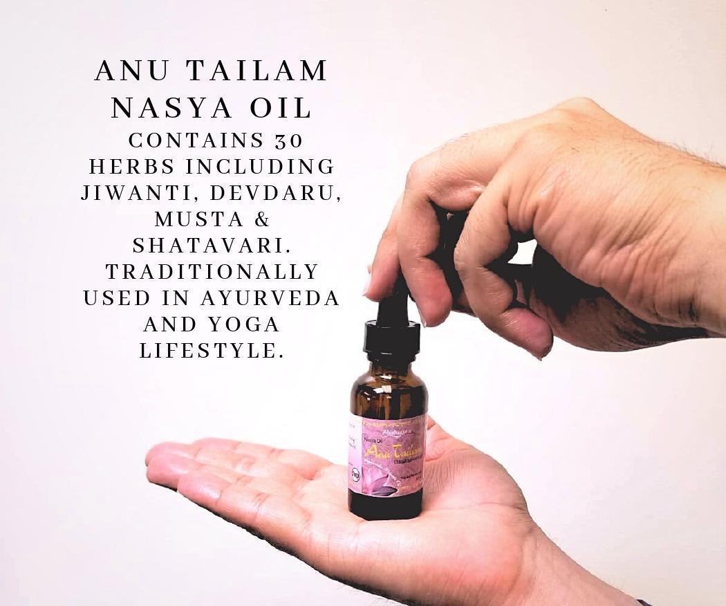  Ayurvedic Anu Tailam Nasya Oil - Anu tailam is a classical Ayurvedic herbal oil, It is also called Anu Tail, used by Ayurvedic practitioners in the treatment procedure known as Nasya treatment. As per Ayurveda, there is a marma point in the forehead right at the junction of eyebrows, Anu tailam is for balancing for Vata, Pitta, and Kapha.